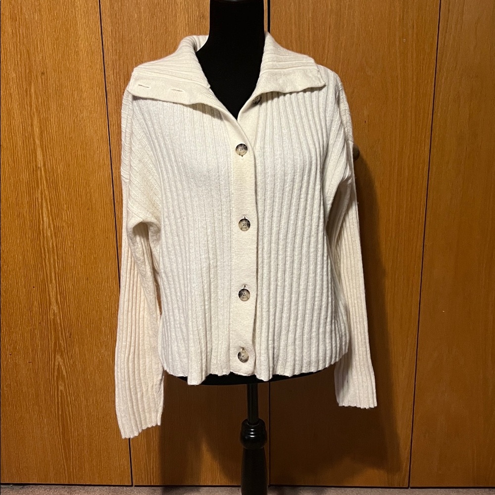 Madewell cream ribbed cardigan with fold over collar. Sz. XL good cond. - Picture 2 of 10